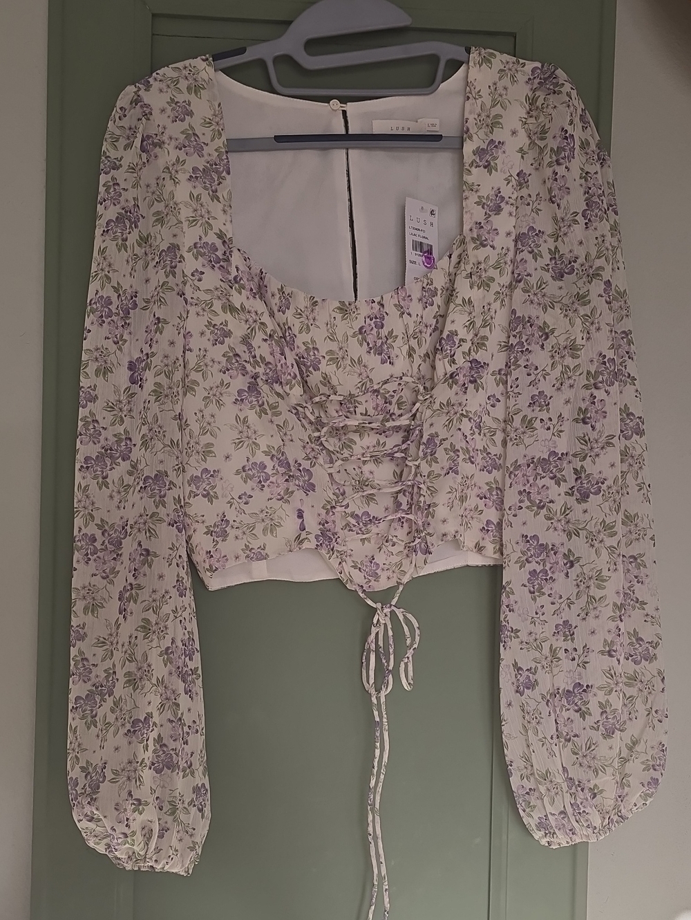 Lush Cream Crop Top with Lavender Floral Print